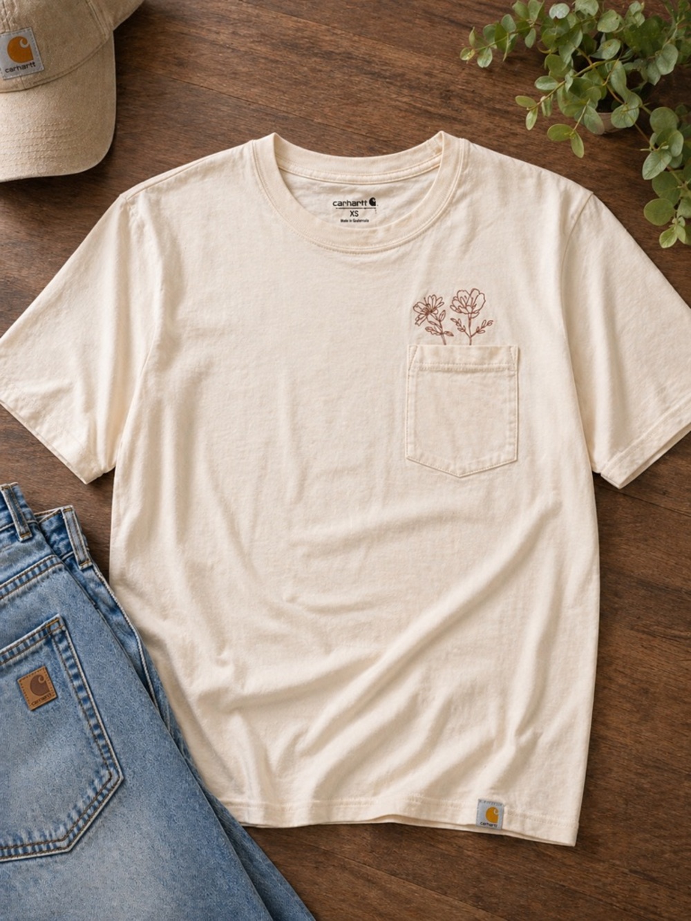Carhartt Cream Pocket Tee with Floral Embroidery